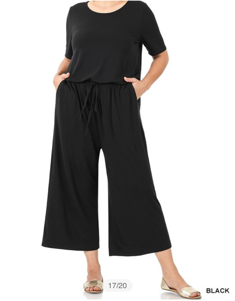 Black Surplice Waist Strap Jumpsuit w/ Pockets- Plus