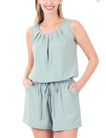 Light Green Sleeveless Romper w/ Elastic Waist & Pockets
