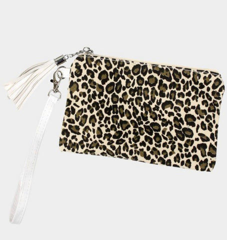 Beige Leopard Wristlet Bag w/ White Strap
