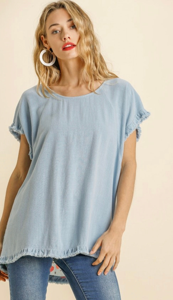 Sky Blue Linen Short Sleeve Floral Leopard Print Top