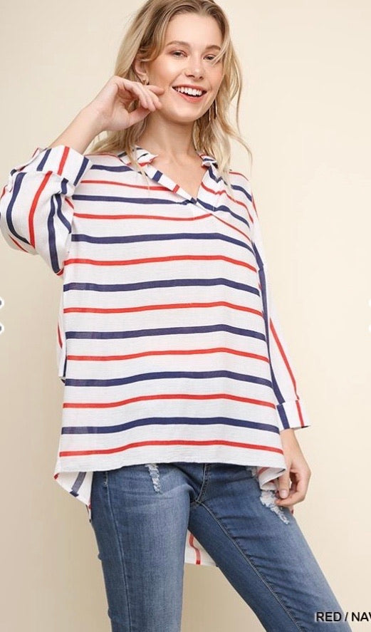 Red/Navy Striped Lightweight Collared High Low Hem Top