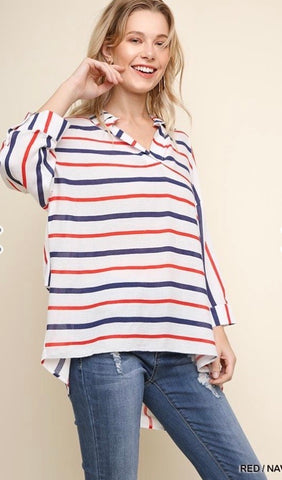 Red/Navy Striped Lightweight Collared High Low Hem Top