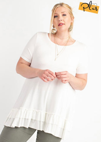 Off White Short Sleeve Double Ruffled Top - Plus