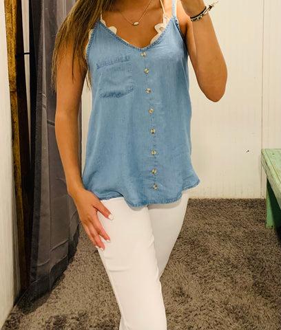 Denim Spaghetti Strap Button Up Top