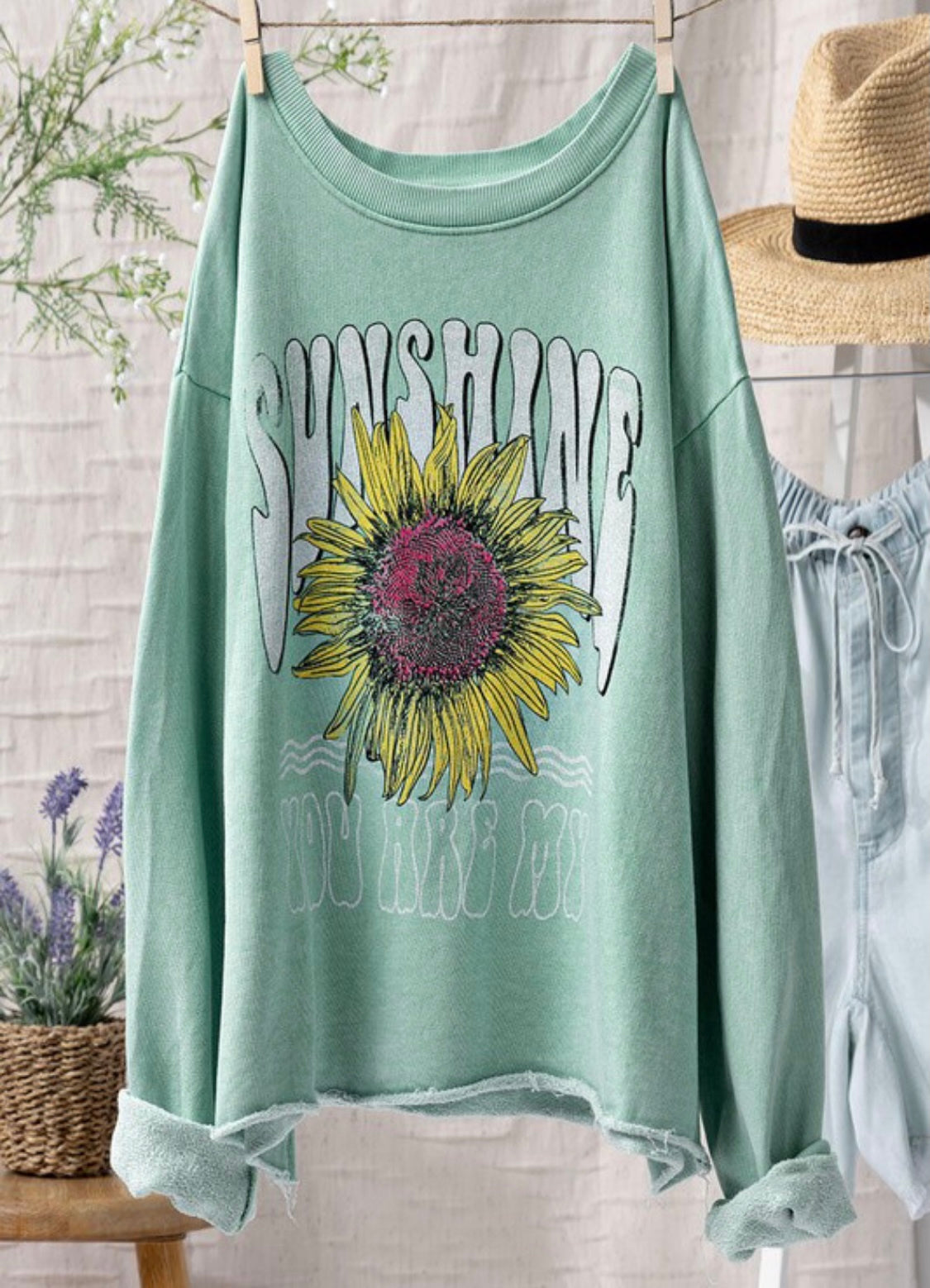 Mint Sunshine Floral Print Cropped Sweatshirt