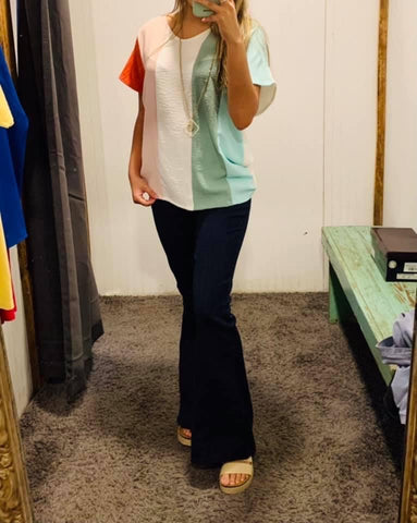 Ivory and Coral Multi Striped Top