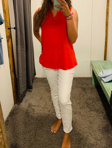 Red Placket Neck Sleeveless Top