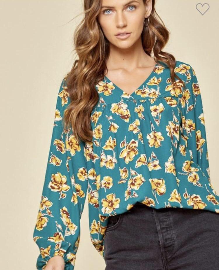 Dark Teal V-neck Yellow Floral Classy Top