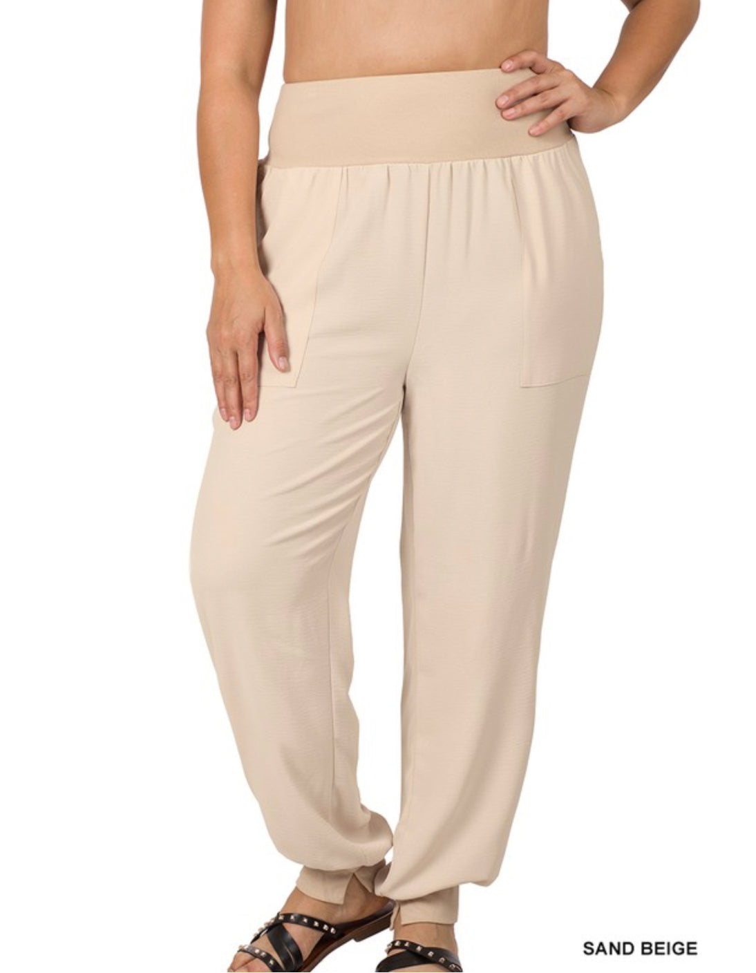 Sand Beige Woven Airflow Jogger Pants- Plus