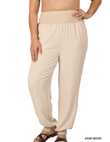 Sand Beige Woven Airflow Jogger Pants- Plus