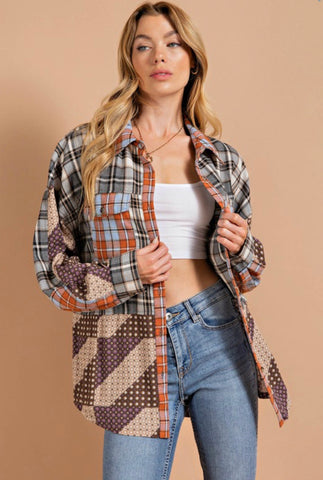 Grey-Mixed Print Flannel Top