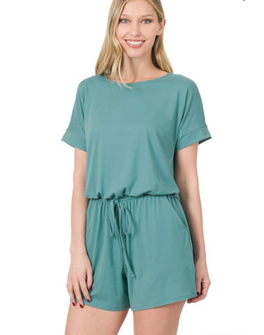 Dusty Teal Short Sleeve Romper w/ Pockets