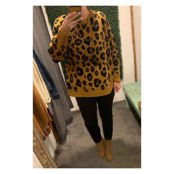 Leopard Print Waffle Sweater with Rounded Bottom