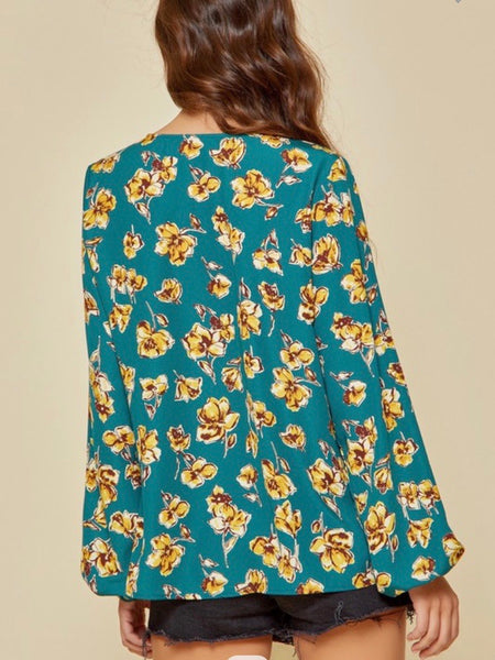 Dark Teal V-neck Yellow Floral Classy Top
