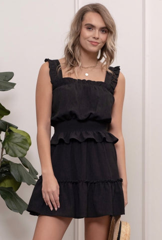 Black Ruffle Sleeve Cinched Waist Top