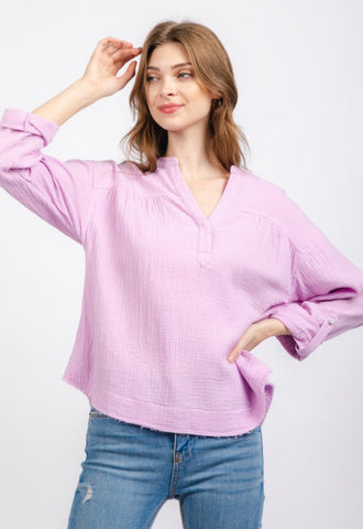 Lavender Long Sleeve Gauze Detail Blouse