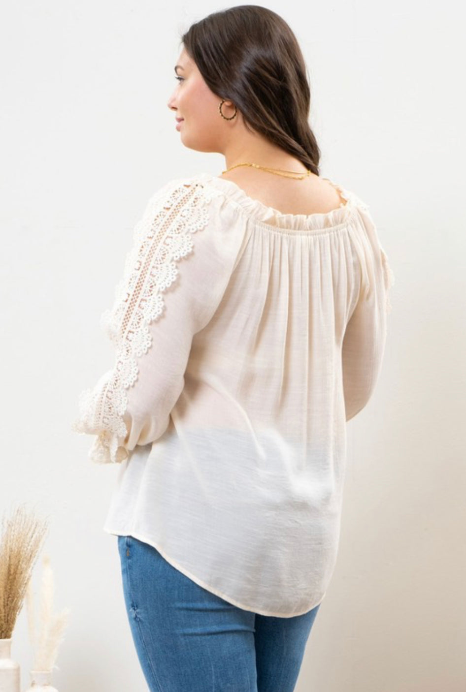 Cream Lace Puff Long Sleeve Top- Plus
