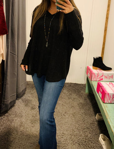 Black Waffle Knit V-neck Long Sleeve Top