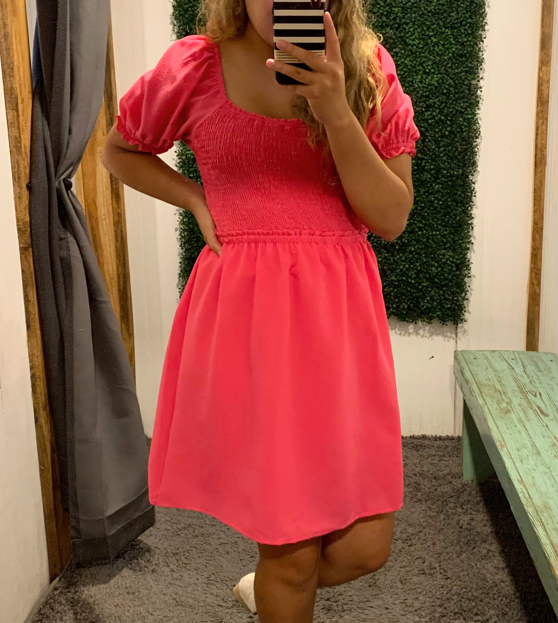 Hot Pink Puff Sleeve Mini Dress