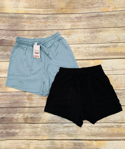 Black Cotton Drawstring Waist Shorts with Pockets