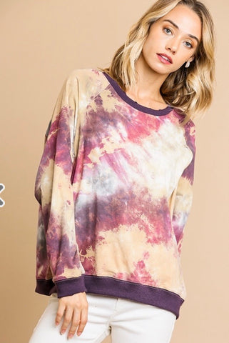 Tie Dye Print Long Sleeve Round Neck Top - Purple Mix