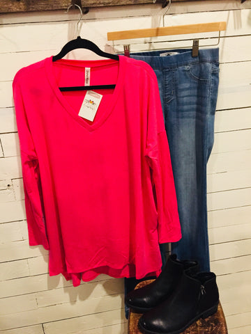 Fuschia V-Neck Flowy Dolman Sleeve Tunic