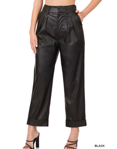 Black Vegan Leather Pleat Front Pants