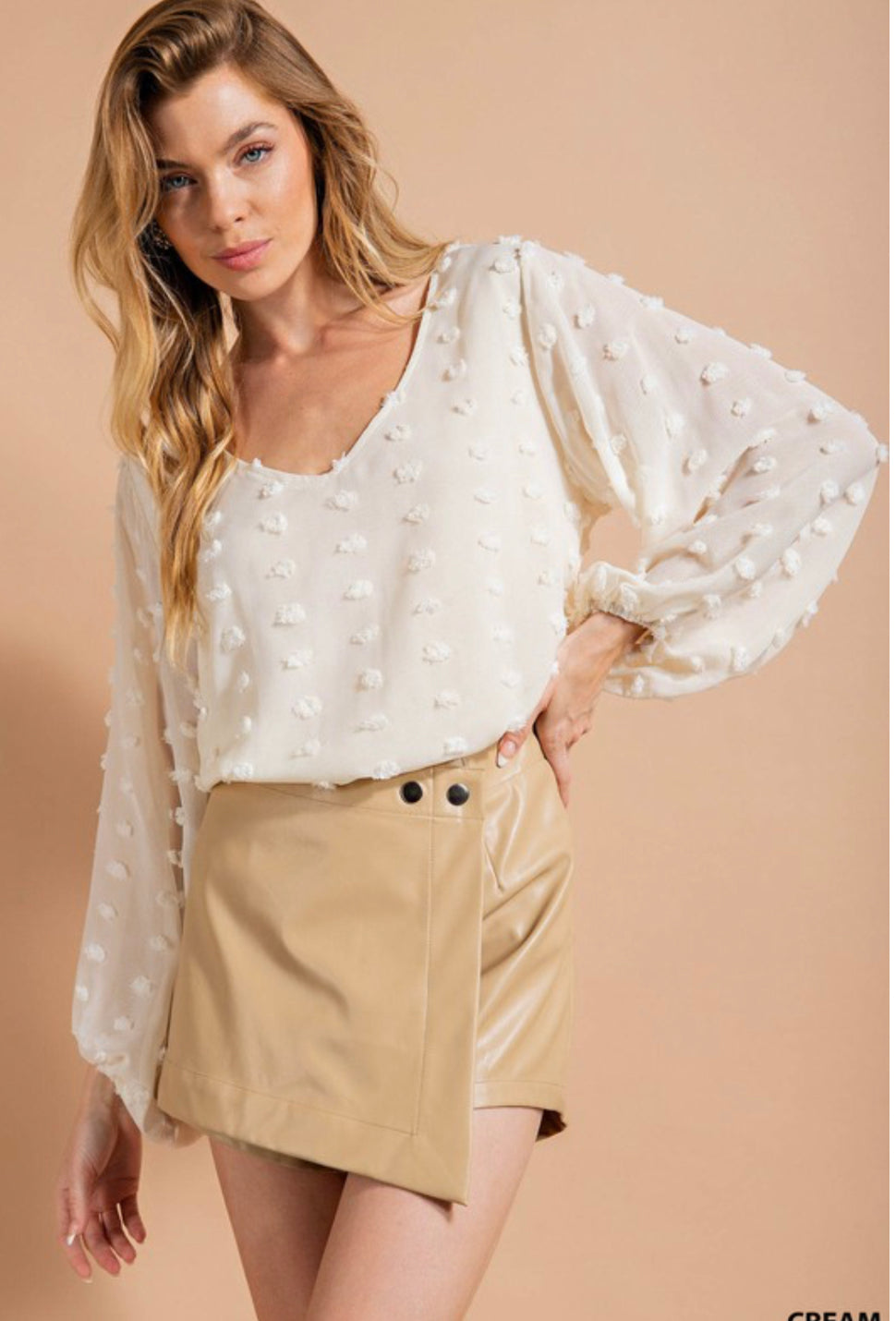 Cream Dotted Long Sleeve Linen Blouse