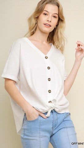 Off White Waffle Knit Button Up Front Waist Tie Top