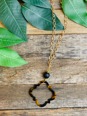 Tortoise Acrylic Pendant Long Gold Necklace