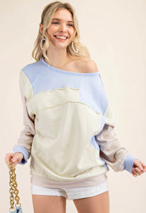Blue-Multi Color Block Long Sleeve Pull-Over
