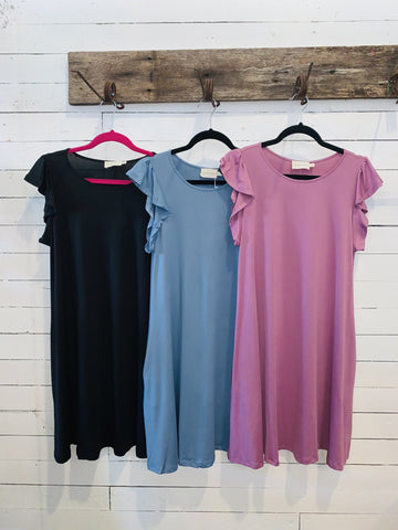 Slate Blue Ruffled Sleeve w/ Pockets Princess Seam Dress -Plus