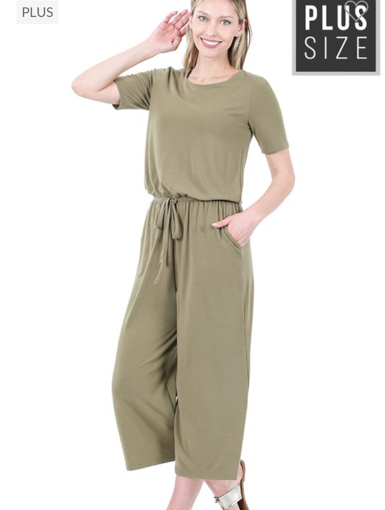 Olive Green Crop Jumpsuit w/ Elastic Waist- Plus