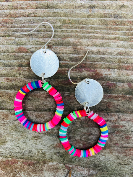 Multi Color Beaded Hoops with Silver Coin Earrings