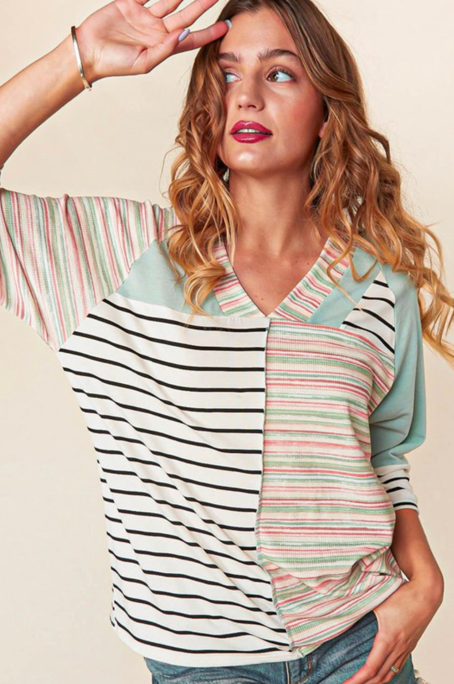 Mint Color Block Striped Knit Top