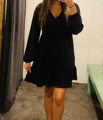 Black Button Baby Doll Long Sleeve Dress