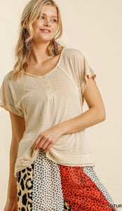 Natural Button Front Short Sleeve Raw Edge Button Top