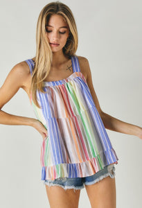 Yellow Multi Color Striped Sleeveless Top