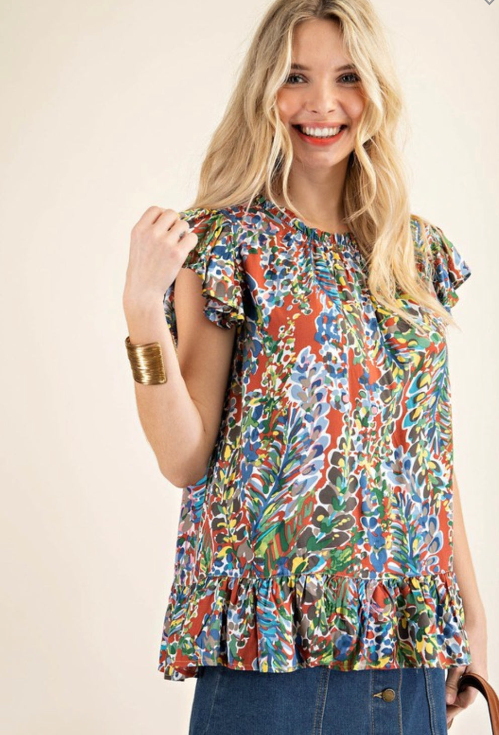 Blue Mix Rayon Printed Ruffle Sleeves Top