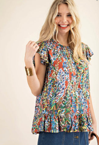 Blue Mix Rayon Printed Ruffle Sleeves Top