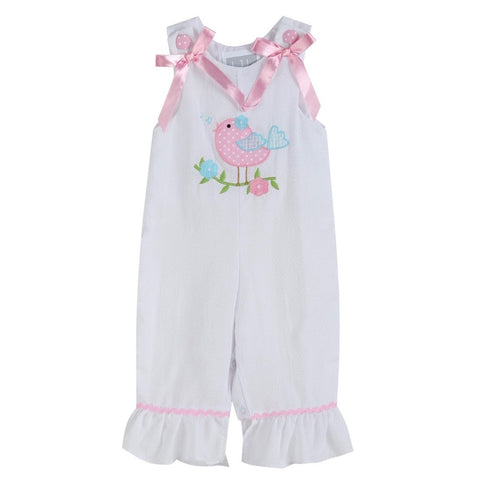 White Seersucker Bird Ruffle Playsuit- Kids