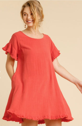 Coral Linen Blend Ruffle Sleeve Dress w/ Ruffle Hem