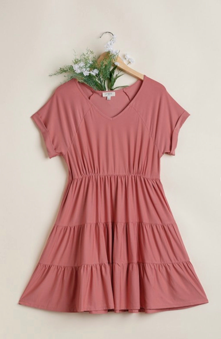 Rose Short Sleeve Tiered V-Neck Dress