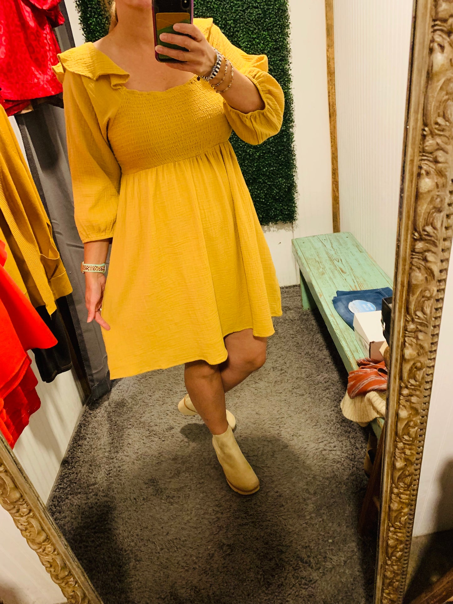 Mustard 3/4 Sleeve Ruffle Detail Dress