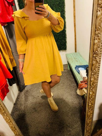 Mustard 3/4 Sleeve Ruffle Detail Dress