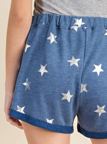 Indigo Blue Soft Star Printed Drawstring Shorts
