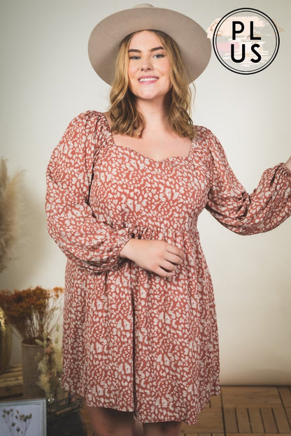 Rust Printed Off the Shoulder Bell Sleeve Dress- Plus