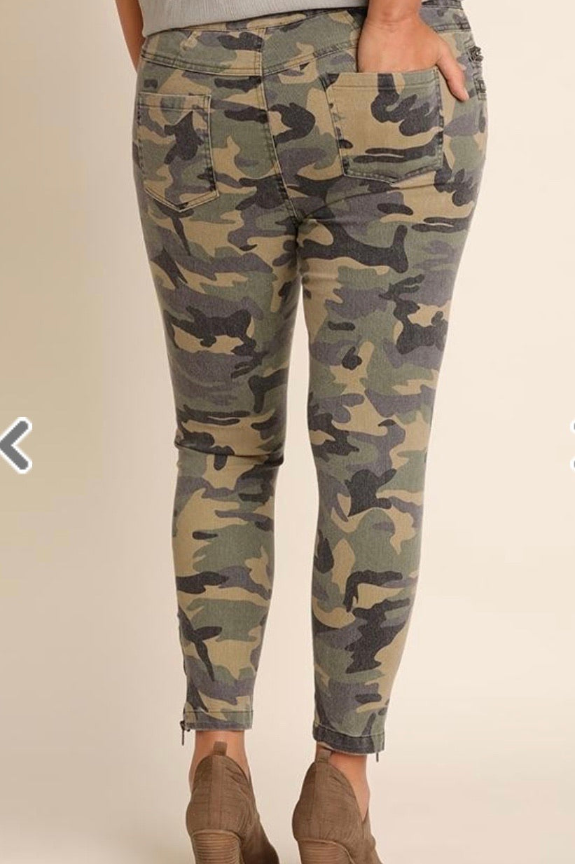 Olive Camo Moto Pants with Zipper Front and Ankle Details - Plus