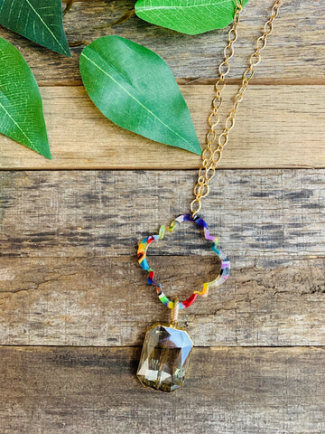 Multi Color Quatrefoil and Crystal Pendant Necklace