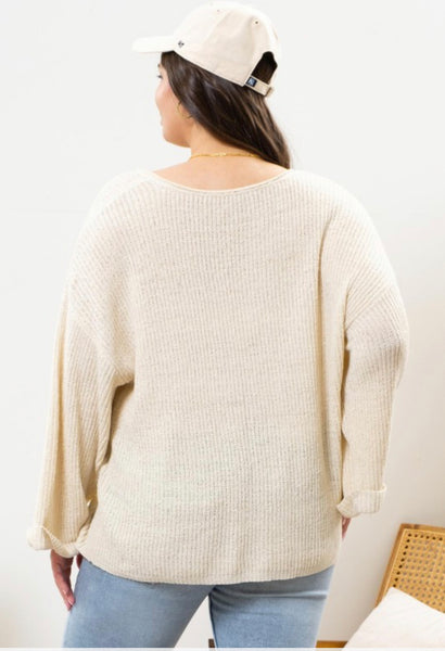Cream V-Neck Knit Sweater- Plus